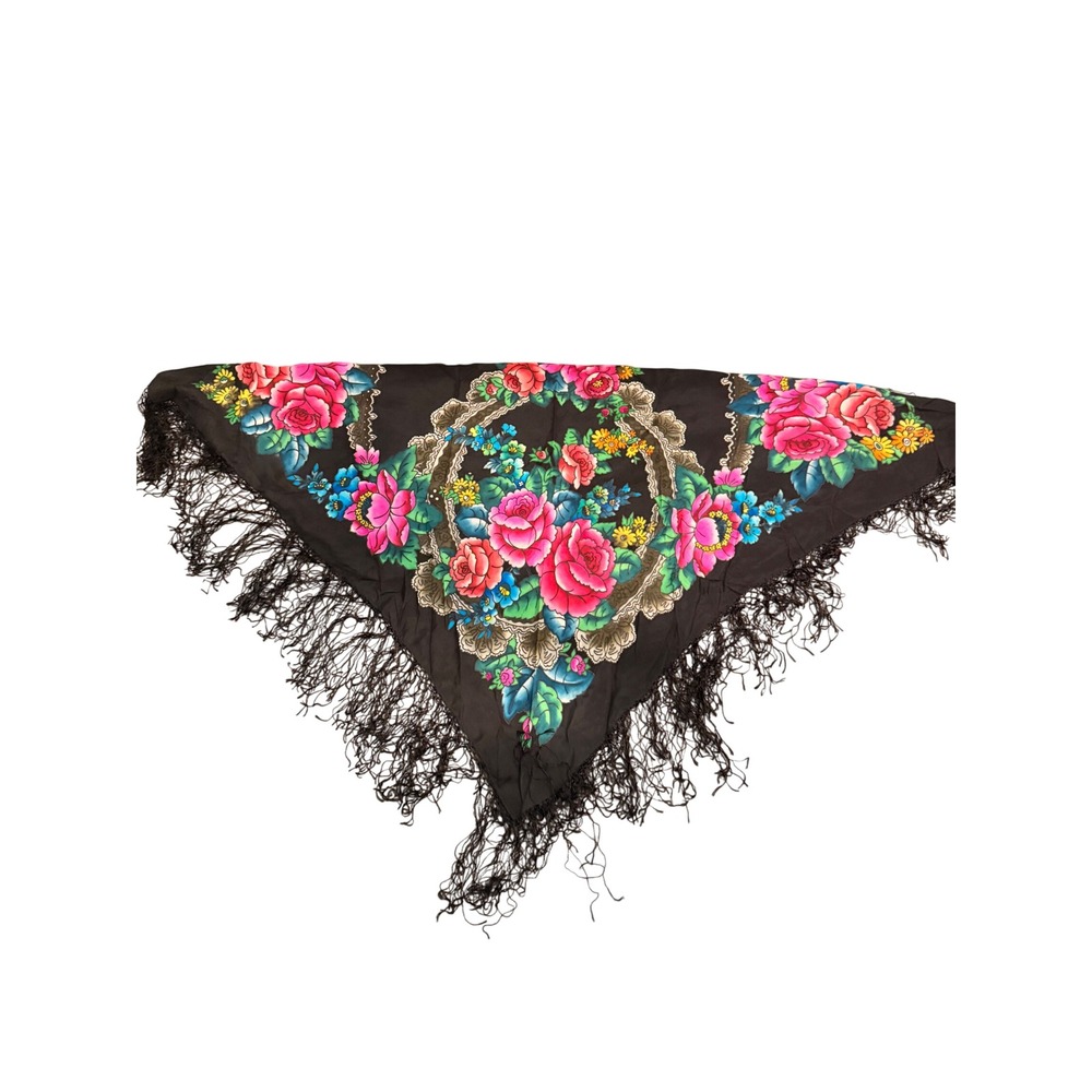 Vintage Floral Piano Shawl Black Scarf with Pink Roses and Long Fringe Wrap